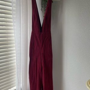Vintage Deep V Maroon Velvet Jumpsuit